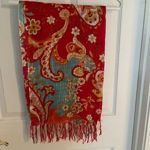 Spartina Lightweight Red, Turquoise and Gold Scarf 24 x 80 (incl fringe)